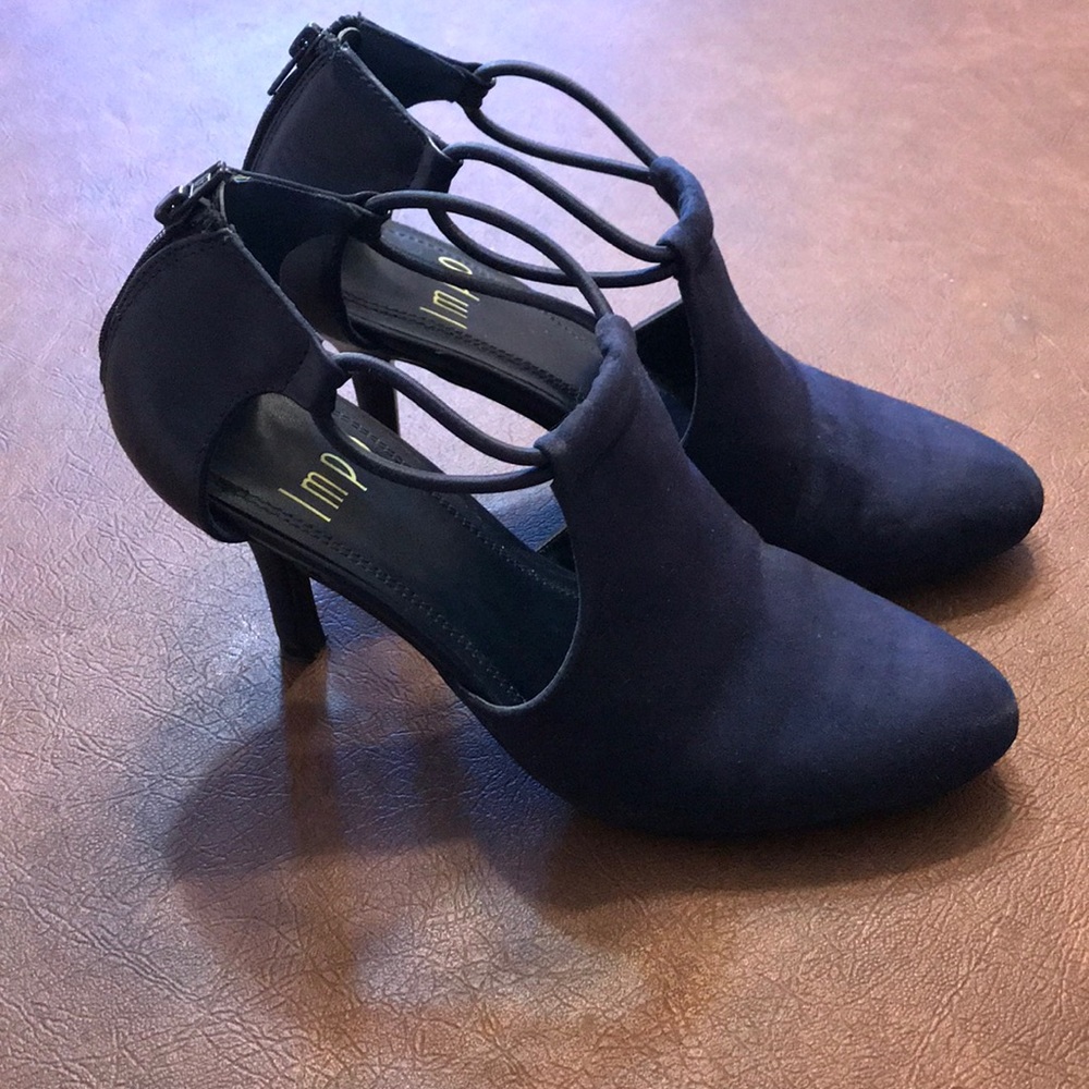 Blue suede bootie style heels